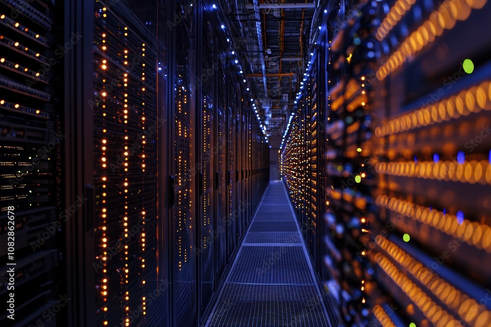 Poster dynamic view of data center interior with flashing server lights for technology brochure design