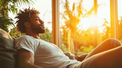A man with dreadlocks relaxes in his cozy living room at sunrise or sunset, smiling contentedly, surrounded by plants, with golden light streaming in.