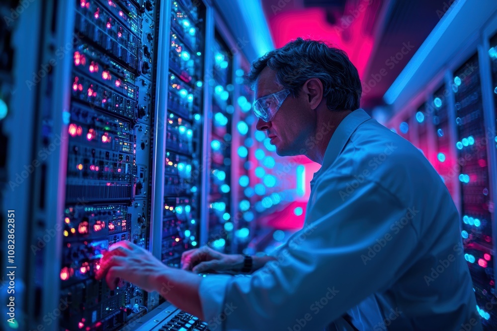 Poster technician at work in data center - futuristic it environment and network security concept
