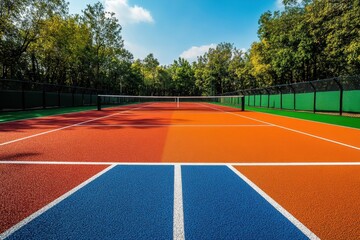 Naklejka premium Colorful tennis courts under bright blue skies with lush green trees nearby in a vibrant setting