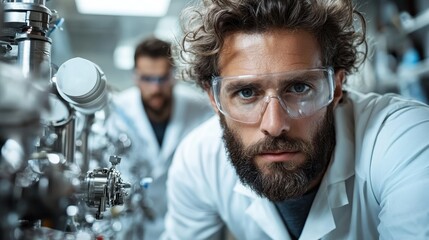 A bearded scientist wearing goggles intensely examines complex lab machinery, showcasing a moment of technological engagement and scientific exploration.