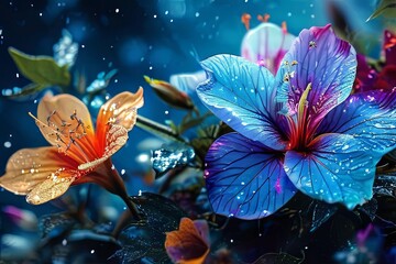 Captivating close up of flower in vivid colors, emphasizing delicate textures. Dew like droplets enhance visual appeal. For greeting card, print background, artwork needing infusion of life, color.