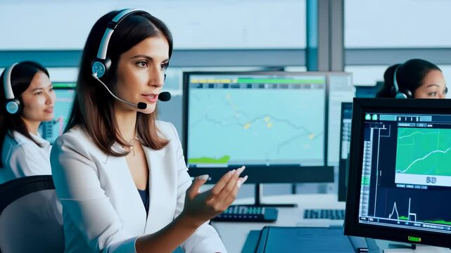 Focused female air traffic controller with a headset coordinating flight operations at a modern control center