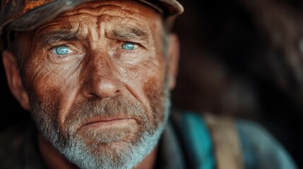 The close-up of an older man wearing a helmet showcases an intense gaze, emphasizing the determination and grit visible in his weathered features.