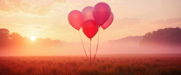 Pink and red balloons floating in the field at sunset, vibrant atmosphere
