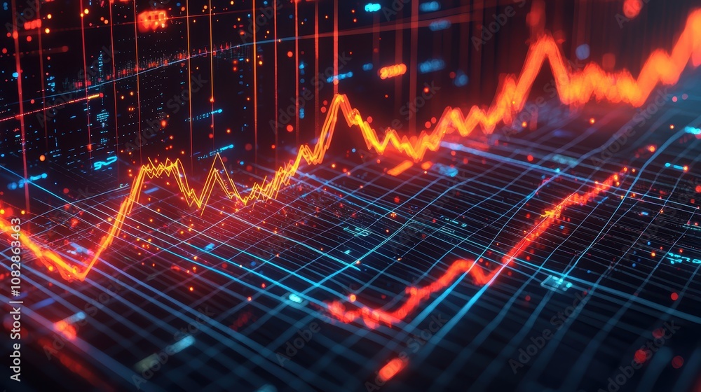 Poster futuristic 3d line graph depicting global ai-driven automation trends by industry (2020-2024)