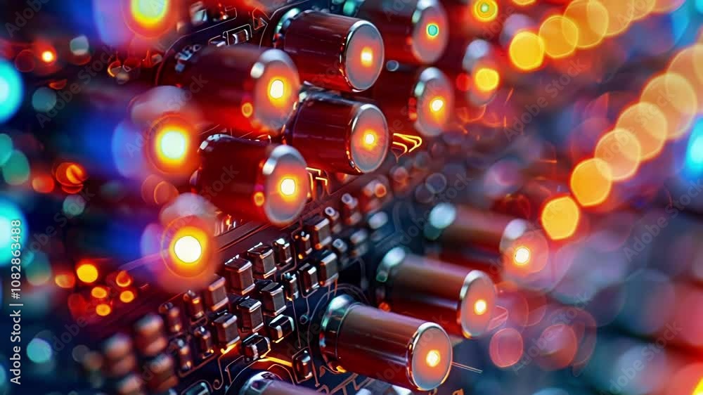 Poster abstract image of an electronic circuit board glowing with red lights, representing the complex neur