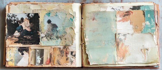 An antique calendar transformed into an art journal showcases an open spread featuring mixed media artwork used for experimenting with various techniques