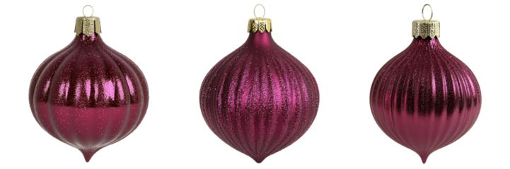 Collection of 3 purple christmas ornaments isolated on transparent background
