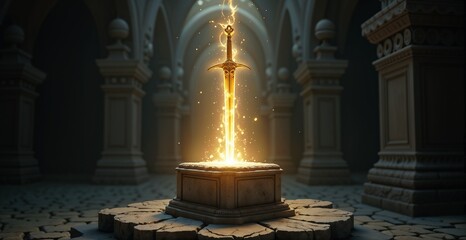 Magical sword glowing on stone pedestal in ancient temple

