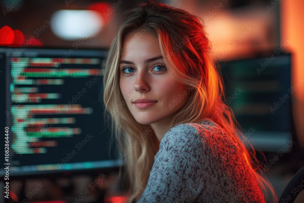 Poster young woman working on coding at computer with colorful lights during evening hours