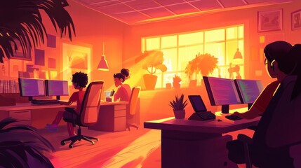 Modern Team Working in Vibrant Digital Office Setting