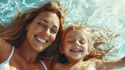 A joyful moment captured of a mother and daughter with radiant smiles, enjoying quality time together in a bright pool, evoking feelings of happiness and warmth.