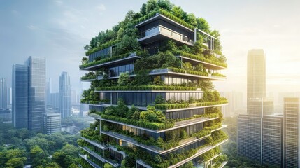 Ecofriendly building in the modern city Sustainable glass office building with trees for reducing heat and carbon dioxide Office building with green environment Corporate building redu