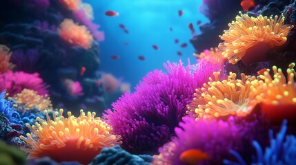 Vibrant Coral Reef with Glowing Anemones and Sea Lions in a Cinematic Underwater Scene, AI generated illustration