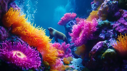 Obraz premium Vibrant Coral Reef with Glowing Anemones and Sea Lions in a Cinematic Underwater Scene, AI generated illustration