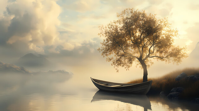 Altes ruderboot mit einem baum am ufer eines mystischen sees, generative ai. Mysticism. Illustration