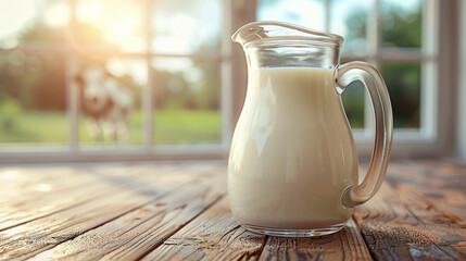 Fresh milk in a glass pitcher on a wooden table
