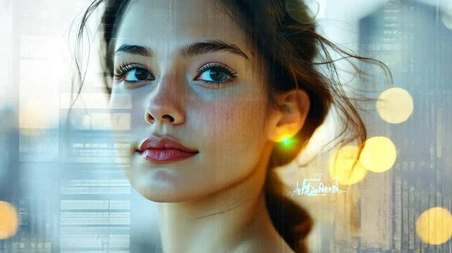 Digital transformation concept of a pretty young woman in a double exposure abstract portrait