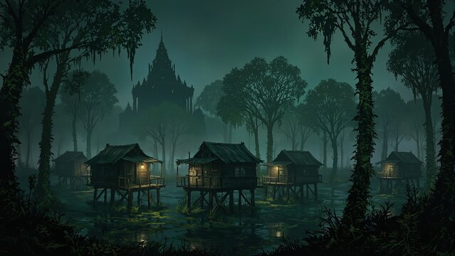 Ethereal swamp city with misty waters shacks on stilts and a shadowy temple among cypress trees