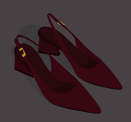 Vector flat image of burgundy sandals. Beautiful women's shoes. Open shoes with a small heel. Design for postcards, posters, backgrounds, templates, banners, textiles.