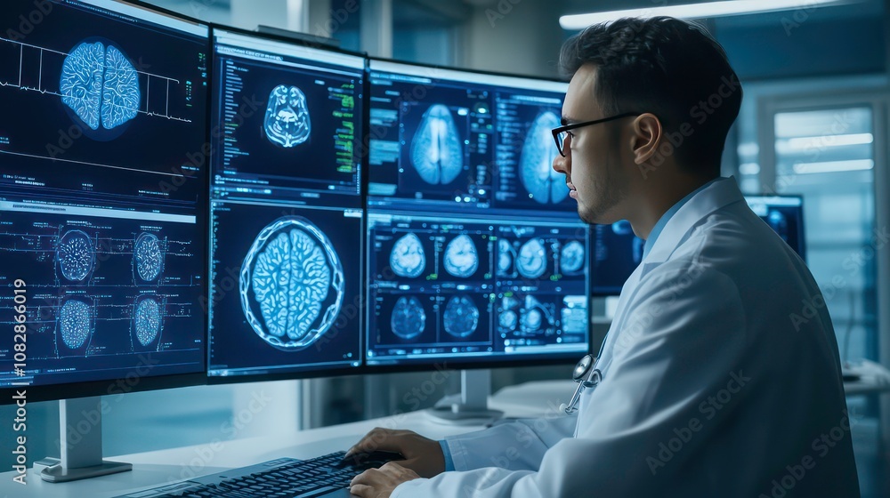 Poster a doctor in a white lab coat sits in front of multiple computer monitors displaying brain scans.