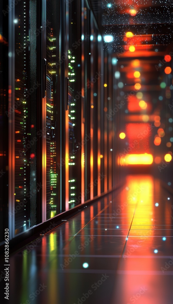 Poster futuristic data center with illuminated server racks and advanced technology lighting effects