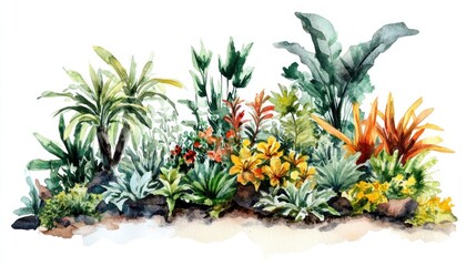 Fototapeta premium Lush Tropical Garden Watercolor Painting