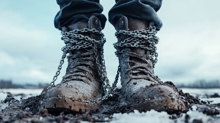A pair of worn boots embedded in mud are tightly bound by chains, set against a stark winter backdrop, representing struggle and perseverance in harsh conditions.