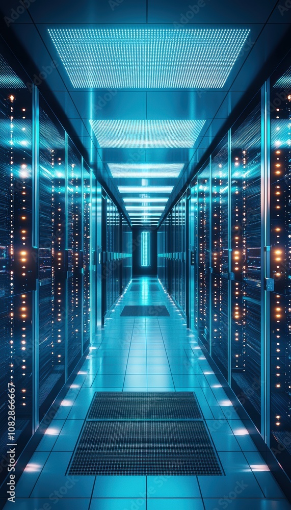 Poster futuristic data center interior with rows of high-tech server racks and led lights