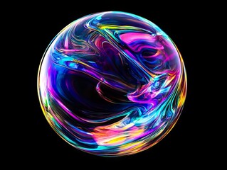 A colorful abstract painting of a sphere on a black background