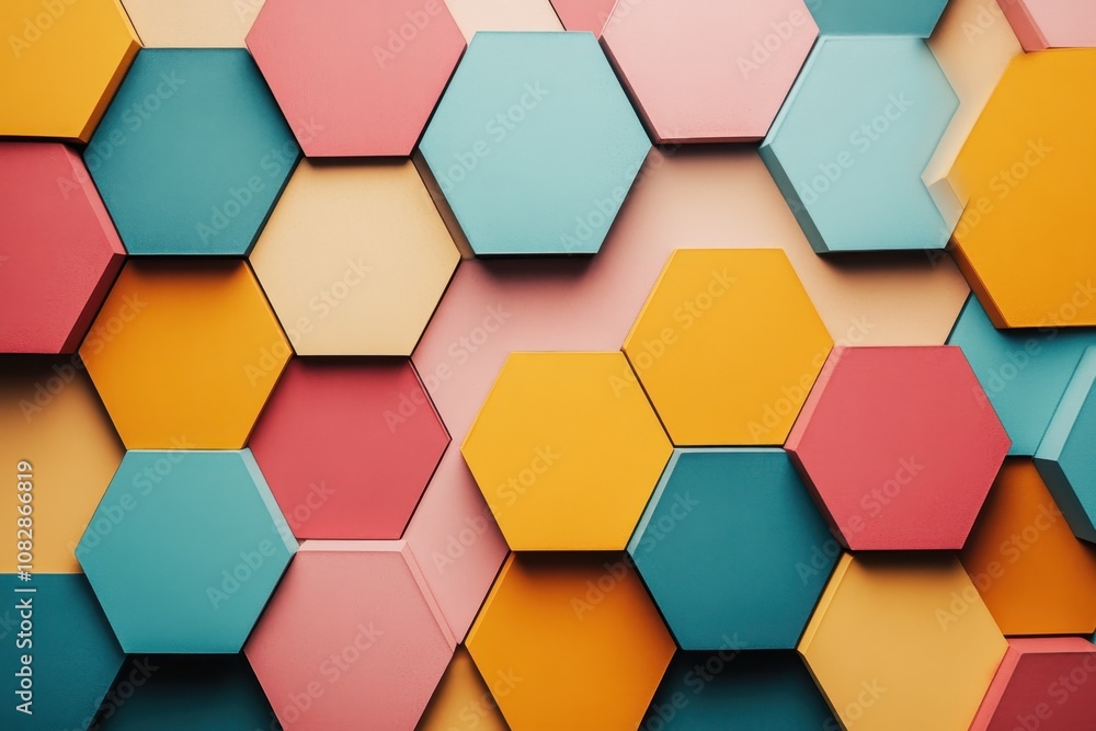 Poster Colorful hexagonal patterns creating an abstract wall design in a vibrant indoor space