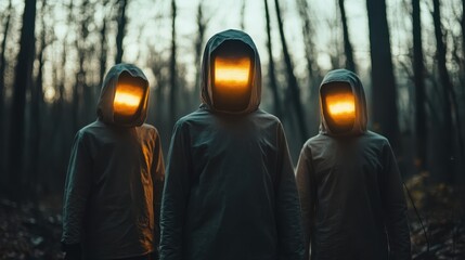 Set in a misty forest, three cloaked figures with glowing horizontal visors create a scene of suspense and mystery, blending futuristic and natural elements uniquely.