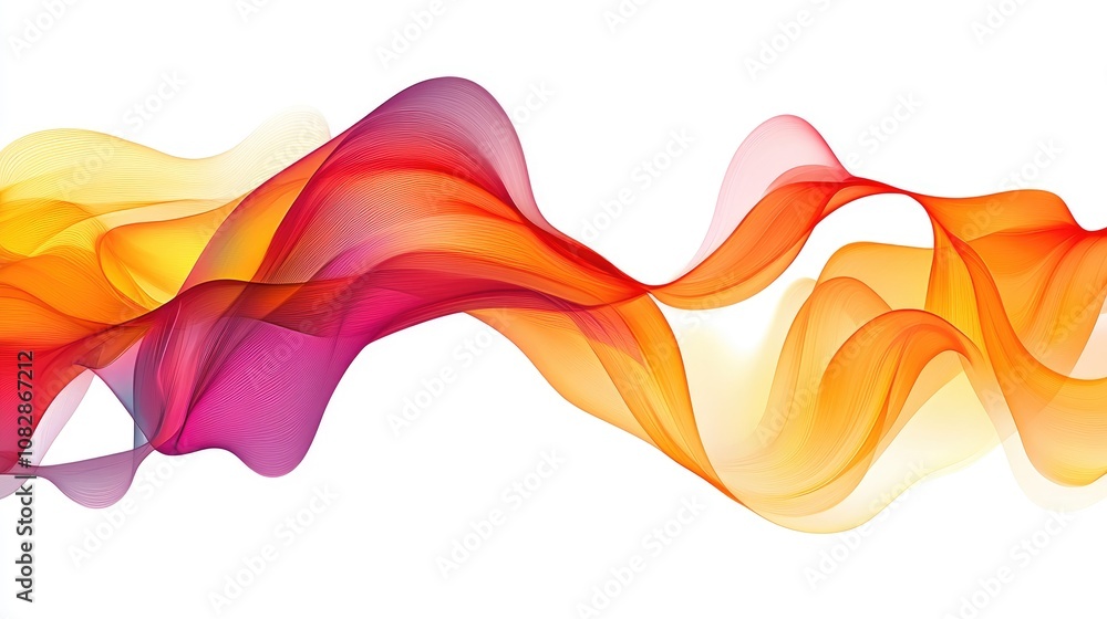 Poster abstract illustration of colorful flowing wave like lines in a futuristic style set against a white 
