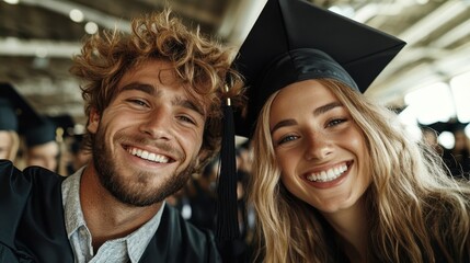 Fototapeta premium A cheerful image capturing two graduates in caps and gowns, with big smiles, reflecting the joy and achievement of completing their studies among peers in a bustling environment.
