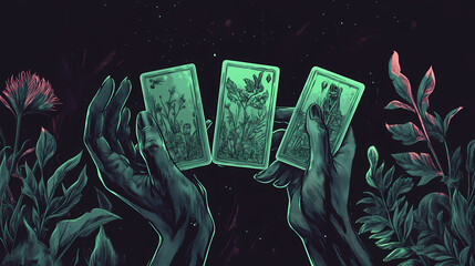 Dark mystical illustration with hands and magic herbs on a black background. fortune telling on cards and predictions. Mysticism. Illustration