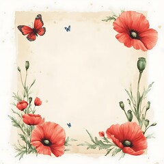 Watercolor Painting of Red Poppies and Butterflies on a Light Brown Background