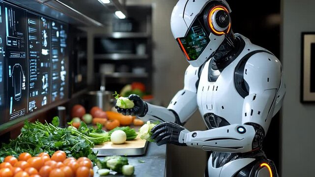 A futuristic robot chef preparing vegetables in a modern kitchen at night