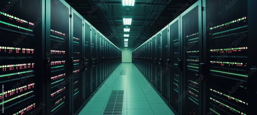 Poster high-tech data center corridor with flashing server lights for technology-themed designs
