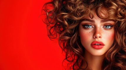 Portrait of a young woman with freckles, red lips, and voluminous curly hair set against a bold red background, exuding a blend of youthful charm and elegance.