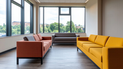 Fototapeta premium Modern living room design urban apartment interior furniture contemporary setting wide angle view minimalist concept for stylish spaces