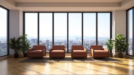 Fototapeta premium Modern living room setup urban high-rise interior design bright natural light contemporary style