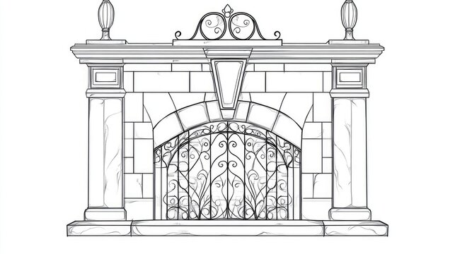 recommend clip art: Line art illustration of a wrought iron fireplace grill in raster format