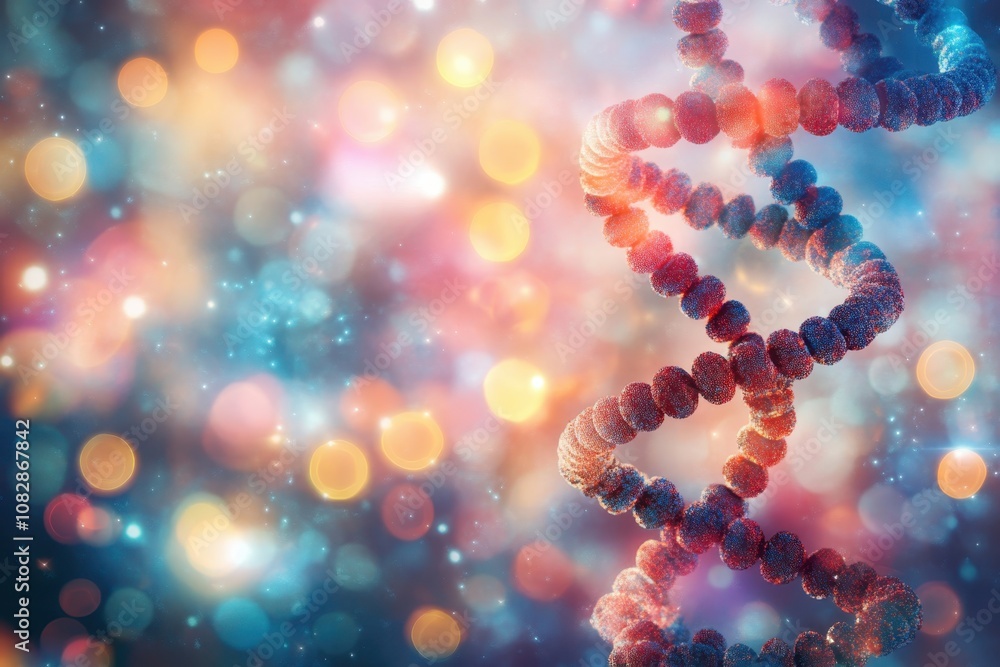 Poster colorful representation of dna helix in a vibrant abstract background with bokeh effect