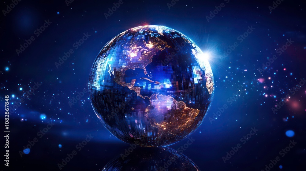 Wall mural a 3d rendering of a mirrored earth globe against a dark blue starry background, reflecting the light