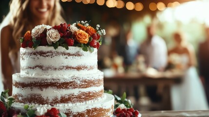 A smiling bride admires a stunning, floral-decorated rustic wedding cake surrounded by guests at a beautifully illuminated outdoor wedding reception event.