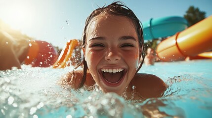 A delighted child splashes in the water, surrounded by colorful slides and joyful atmosphere, embodying the essence of childhood fun and adventure.