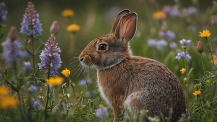 Fototapeta premium A Brown Rabbit Sitting Among Colorful Wildflowers in a Lush Green Meadow During Springtime