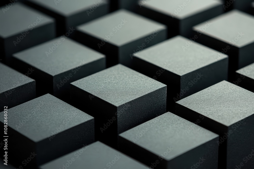 Poster close-up view of textured black blocks arranged in a geometric pattern on a flat surface