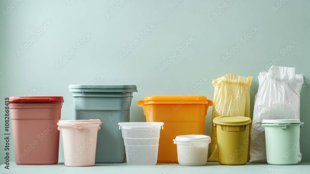 Poster Reusable containers are displayed prominently, contrasting with colorful single-use plastic bags and cups to emphasize environmental impact. Generative AI
